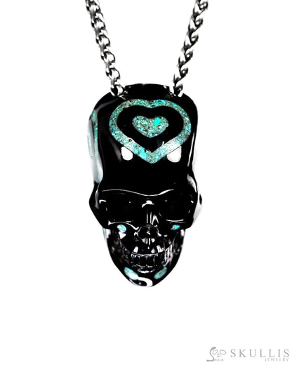 Ink & Sea - Gem Skull Pendant Necklace of Black Obsidian & Turquoise Inlaid Carved Hollow Skull - 9900459 - Skull