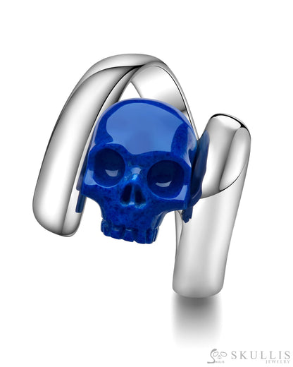 Gem Skull Ring of Lapis Lazuli Carved Skull in 925 Sterling Silver Skull Rings