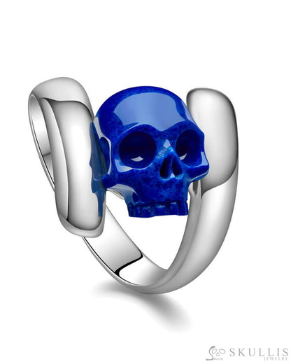 Gem Skull Ring of Lapis Lazuli Carved Skull in 925 Sterling Silver Skull Rings