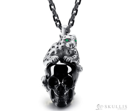 Gem Skull Pendant Necklace Of Black Obsidian Carved Skull With Emerald Eyes Leopard In