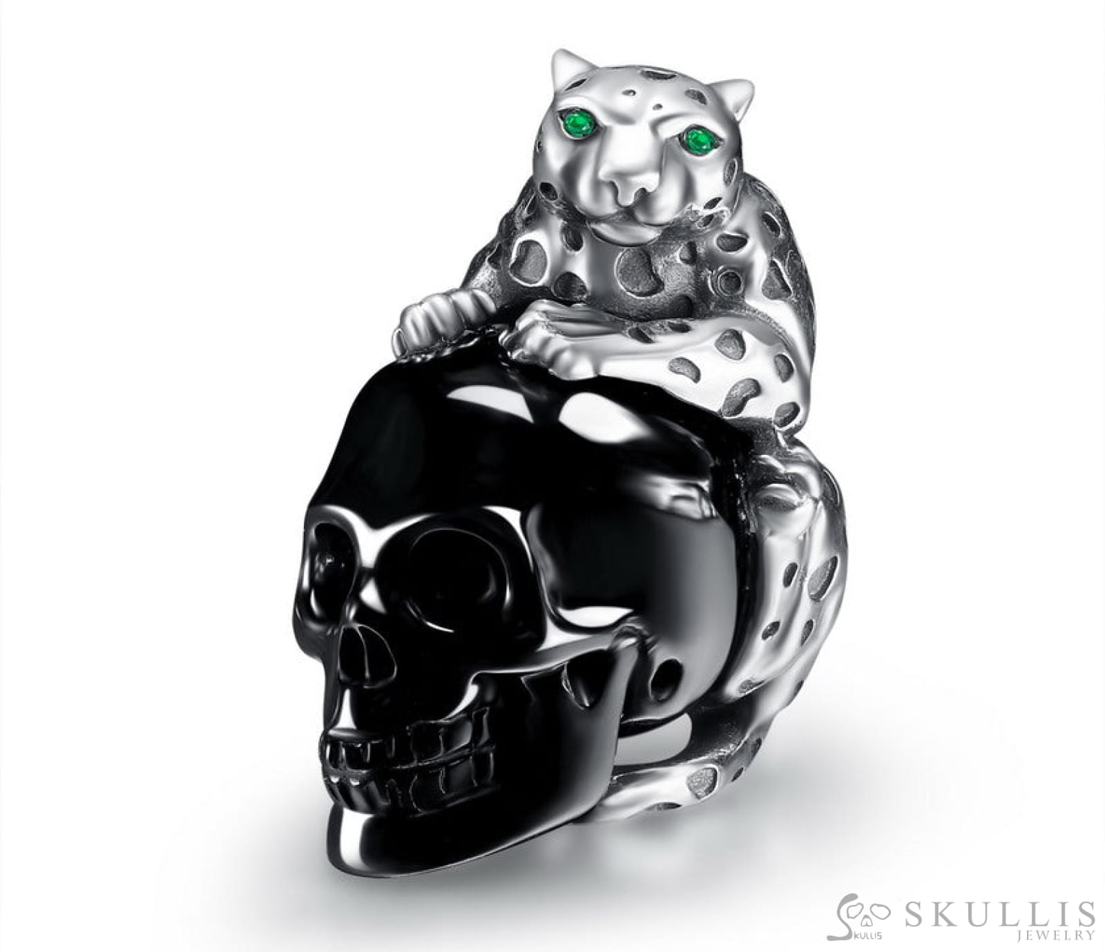 Gem Skull Pendant Necklace Of Black Obsidian Carved Skull With Emerald Eyes Leopard In