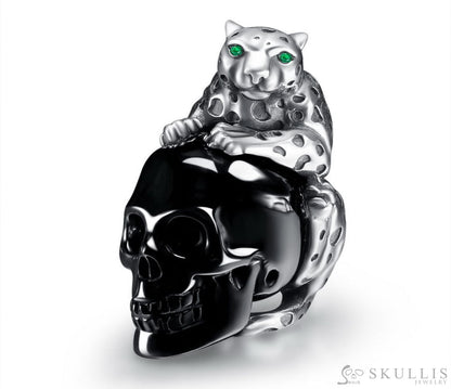 Gem Skull Pendant Necklace Of Black Obsidian Carved Skull With Emerald Eyes Leopard In