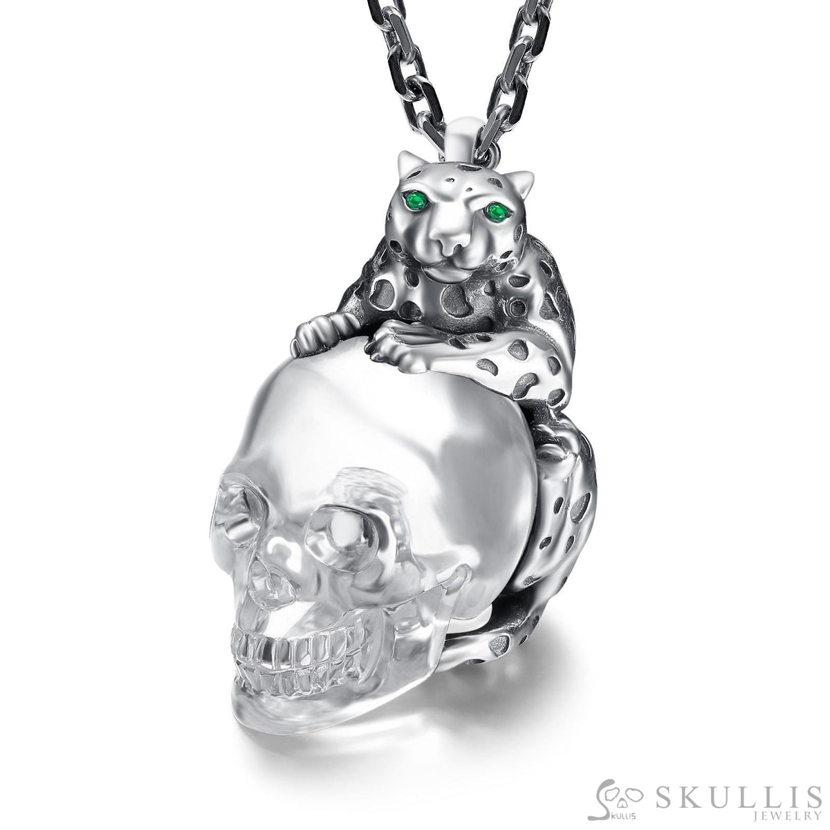 Leopard of Enternity - Gem Skull Pendant Necklace of Quartz Carved Skull with Emerald Eyes Leopard in Sterling Silver