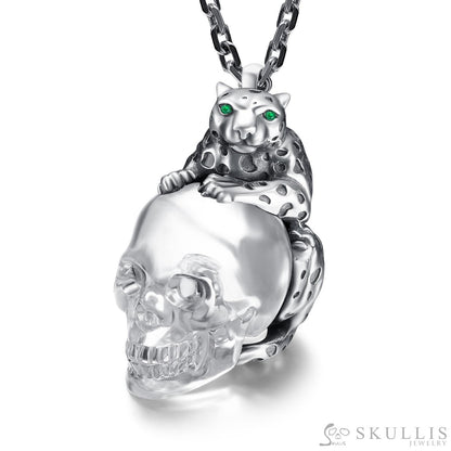 Leopard of Enternity - Gem Skull Pendant Necklace of Quartz Carved Skull with Emerald Eyes Leopard in Sterling Silver