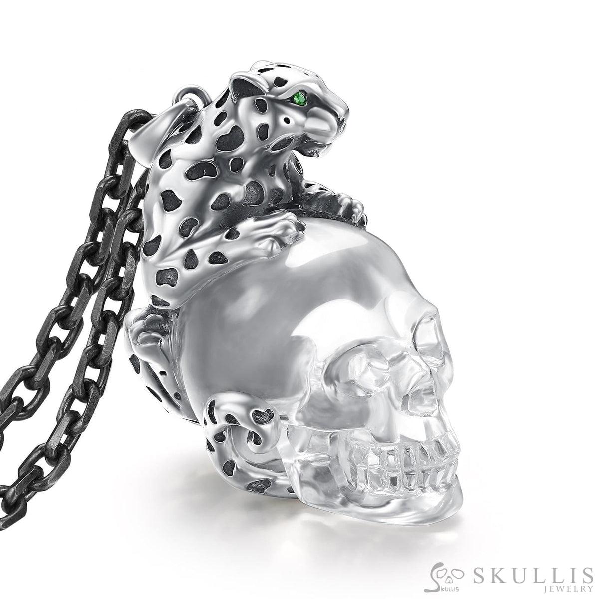 Leopard of Enternity - Gem Skull Pendant Necklace of Quartz Carved Skull with Emerald Eyes Leopard in Sterling Silver