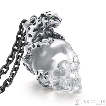 Leopard of Enternity - Gem Skull Pendant Necklace of Quartz Carved Skull with Emerald Eyes Leopard in Sterling Silver