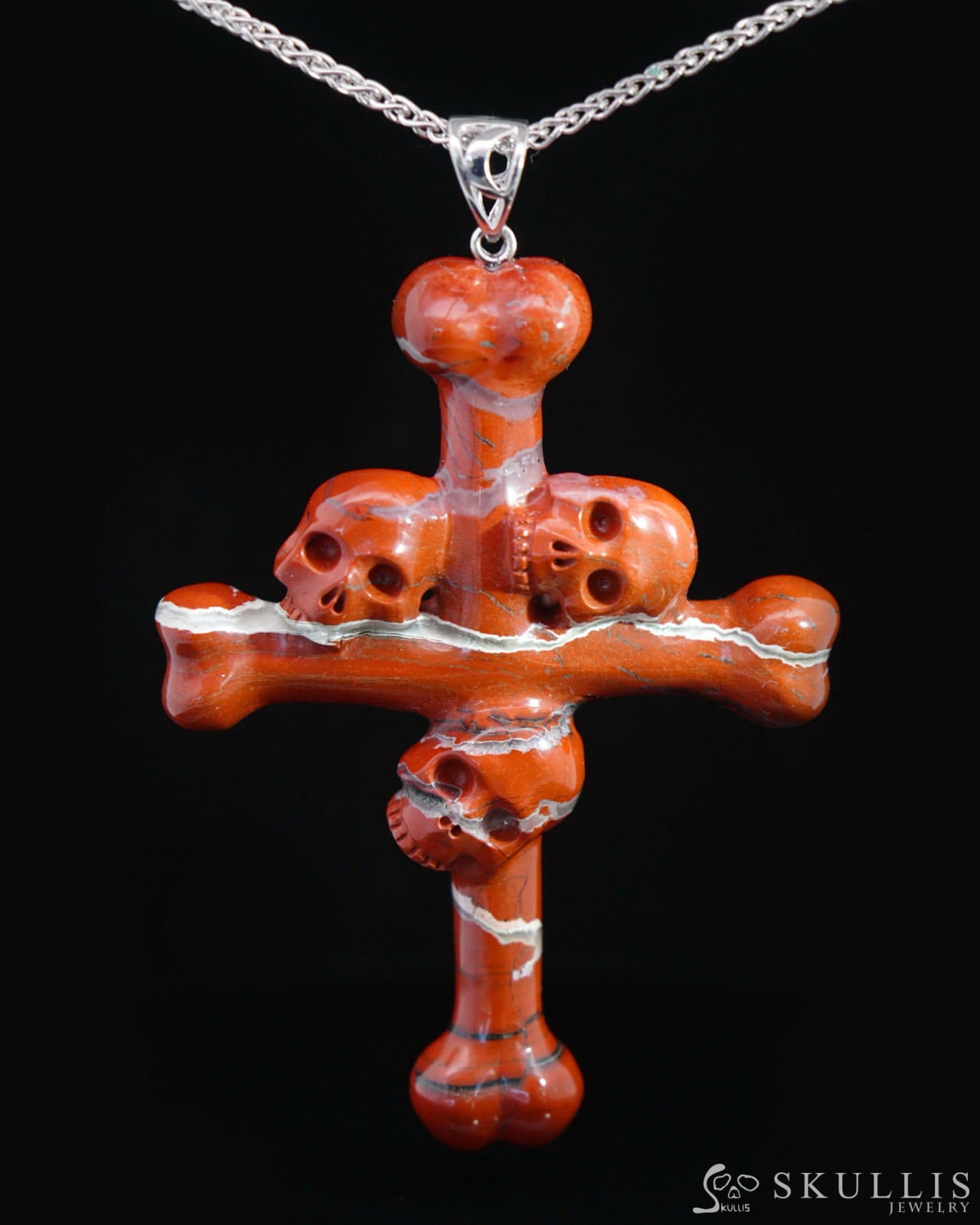 Gem Skull Pendant Necklace of Red Jasper Carved Skull with Trio and Bones Cross - 9500112 Skull Pendants
