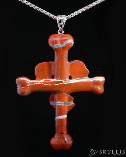 Gem Skull Pendant Necklace of Red Jasper Carved Skull with Trio and Bones Cross - 9500112 Skull Pendants