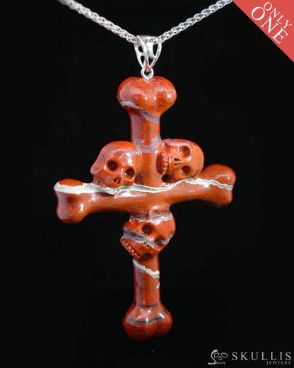Gem Skull Pendant Necklace of Red Jasper Carved Skull with Trio and Bones Cross - 9500112 Skull Pendants