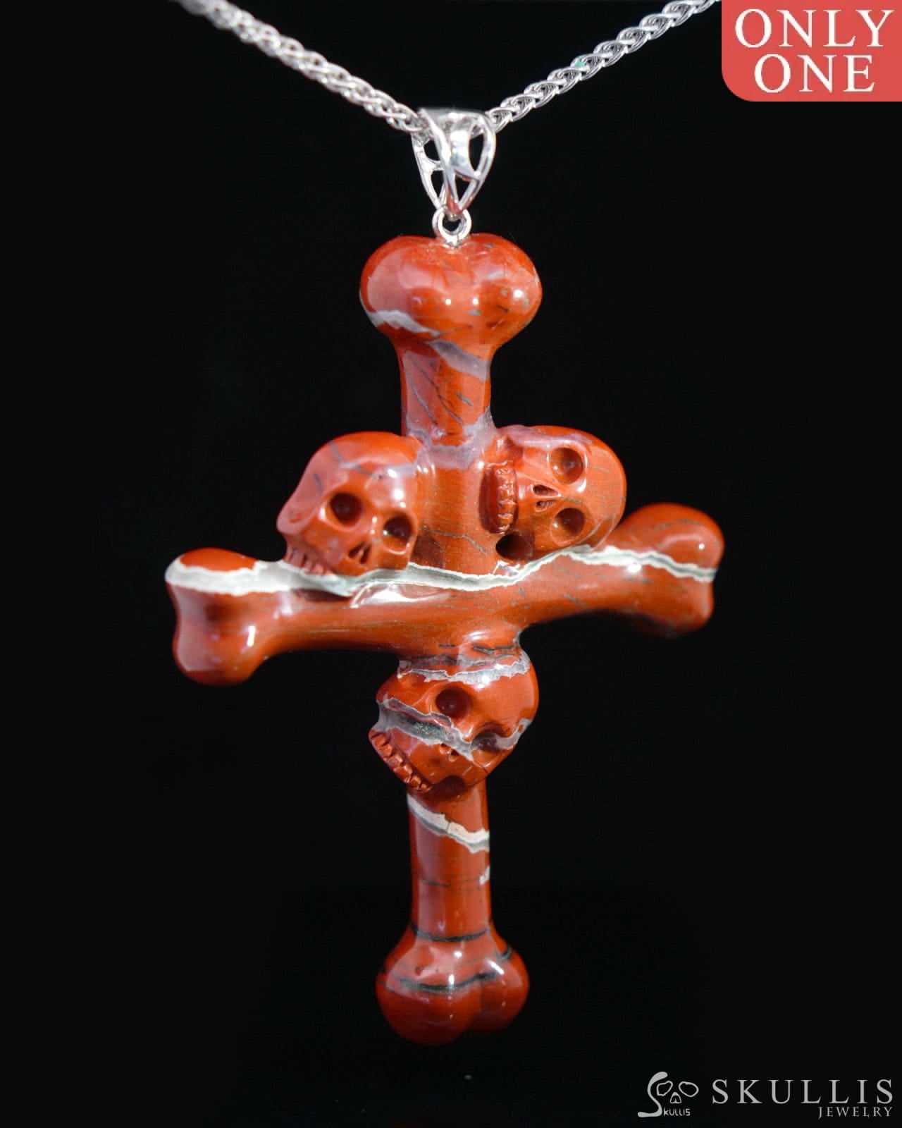 Gem Skull Pendant Necklace of Red Jasper Carved Skull with Trio and Bones Cross - 9500112 Skull Pendants
