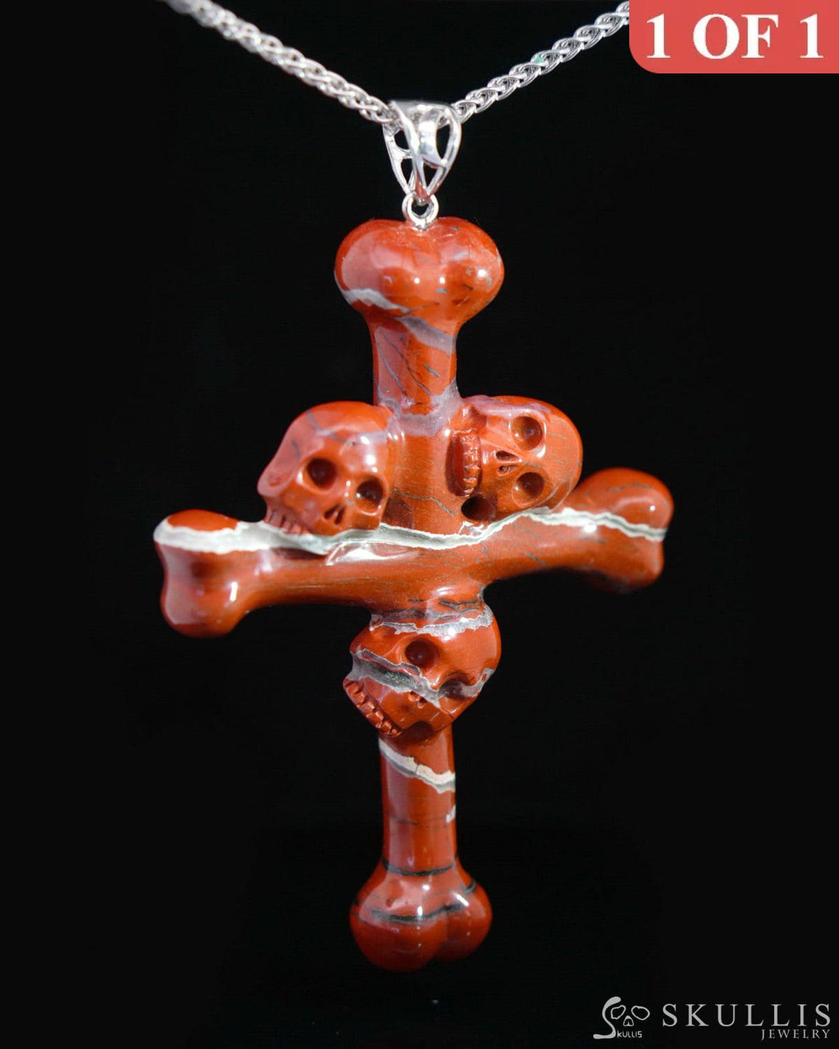 Gem Skull Pendant Necklace of Red Jasper Carved Skull with Trio and Bones Cross - 9500112 Skull Pendants