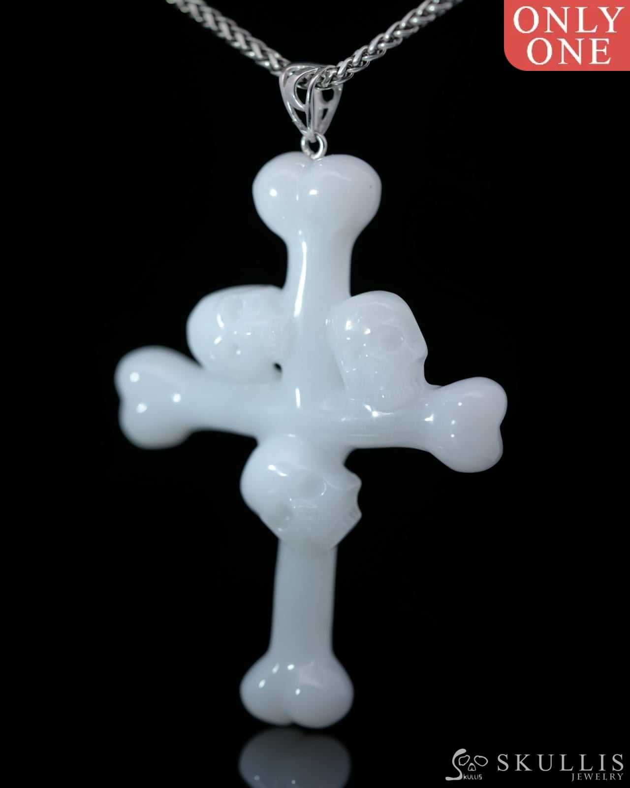 Skullis Signature White Jade Gem Skull Pendant Or Necklace Hand Carved Sterling Silver 925 Chain