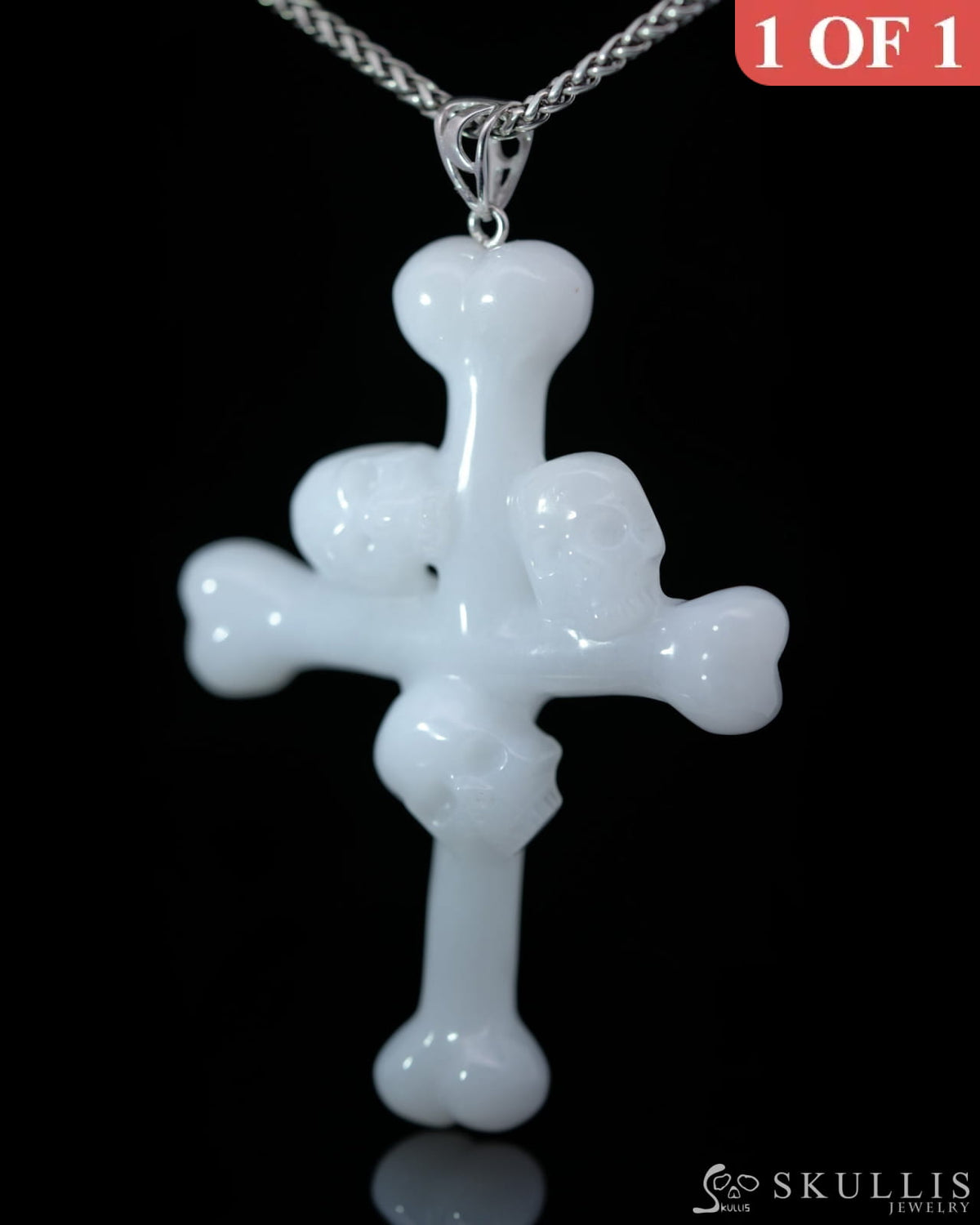 Skullis Signature White Jade Gem Skull Pendant Or Necklace Hand Carved Sterling Silver 925 Chain