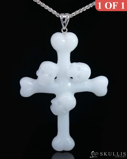 Triad Crystal Skull Pendant - White Jade Carved Crystal Skull Trio and Bones Cross Pendant Sterling Silver 925 Chain