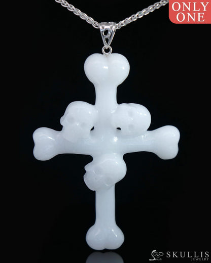 Triad Crystal Skull Pendant - White Jade Carved Crystal Skull Trio and Bones Cross Pendant Sterling Silver 925 Chain