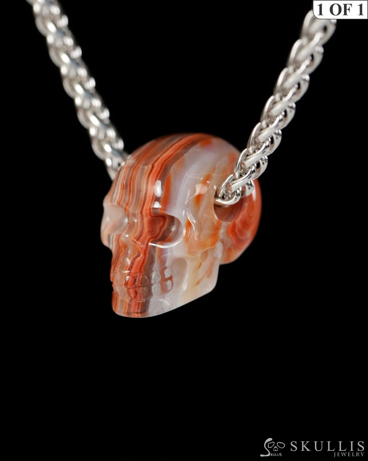 Minimalist Skull Pendant - 0.6’’ Red Crazy Lace Agate Gem Skull Pendant or Necklace Hand Carved for Women & Men
