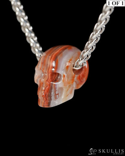 Minimalist Skull Pendant - 0.6’’ Red Crazy Lace Agate Gem Skull Pendant or Necklace Hand Carved for Women & Men