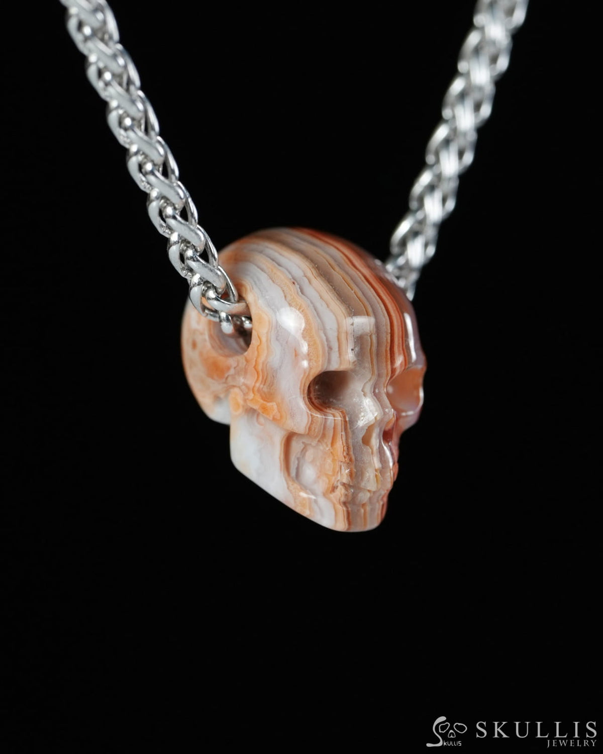Minimalist Skull Pendant - 0.6’’ Red Crazy Lace Agate Gem Skull Pendant or Necklace Hand Carved for Women & Men