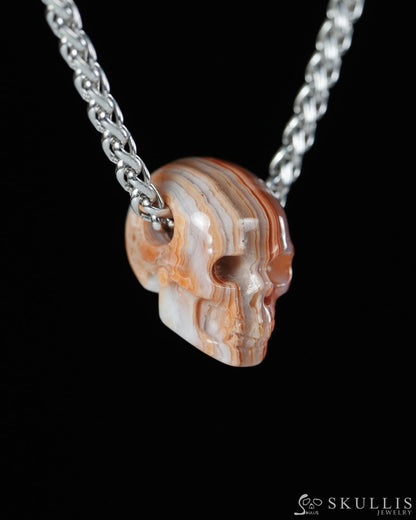 Minimalist Skull Pendant - 0.6’’ Red Crazy Lace Agate Gem Skull Pendant or Necklace Hand Carved for Women & Men