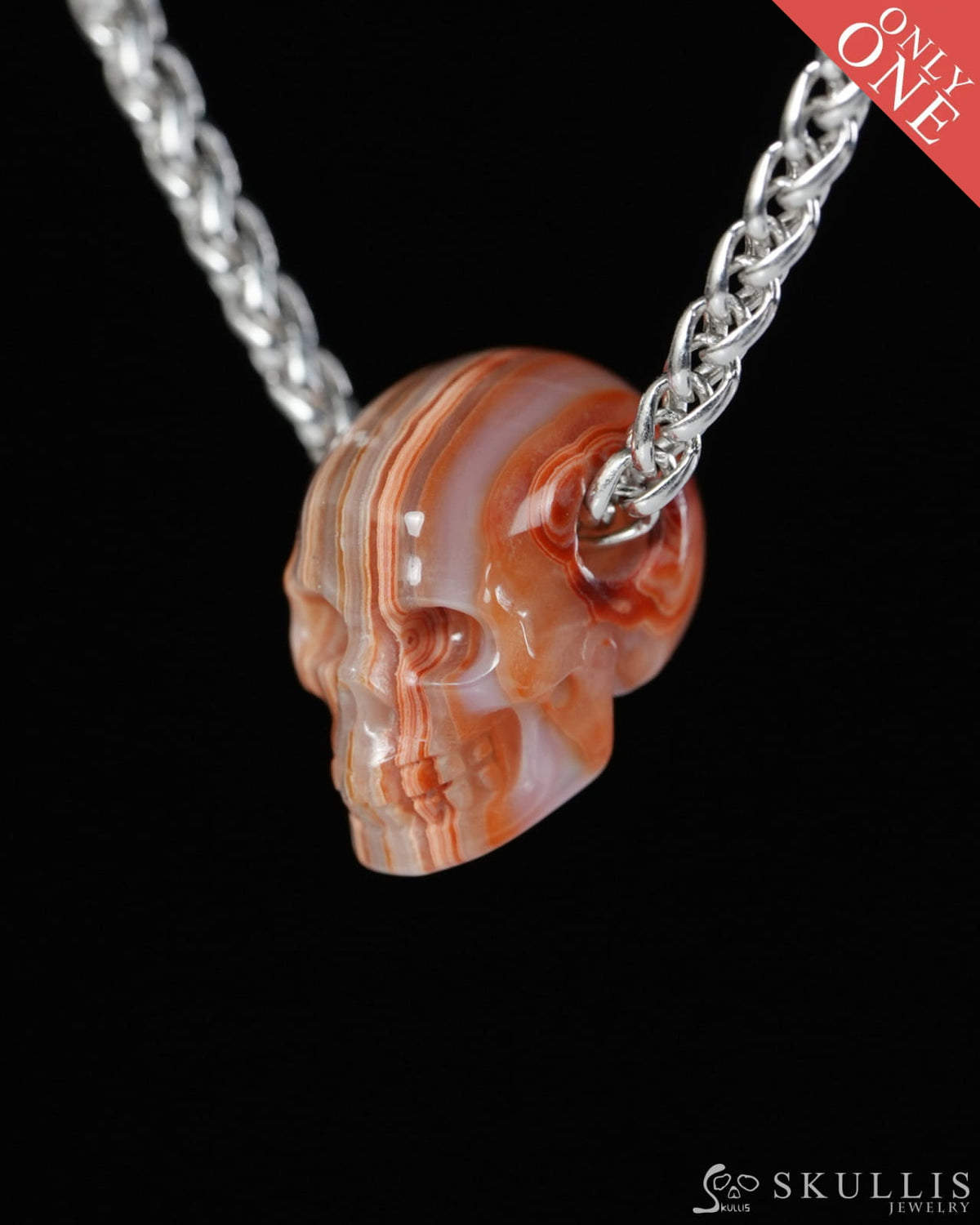 Minimalist Skull Pendant - 0.6’’ Red Crazy Lace Agate Gem Skull Pendant or Necklace Hand Carved for Women & Men