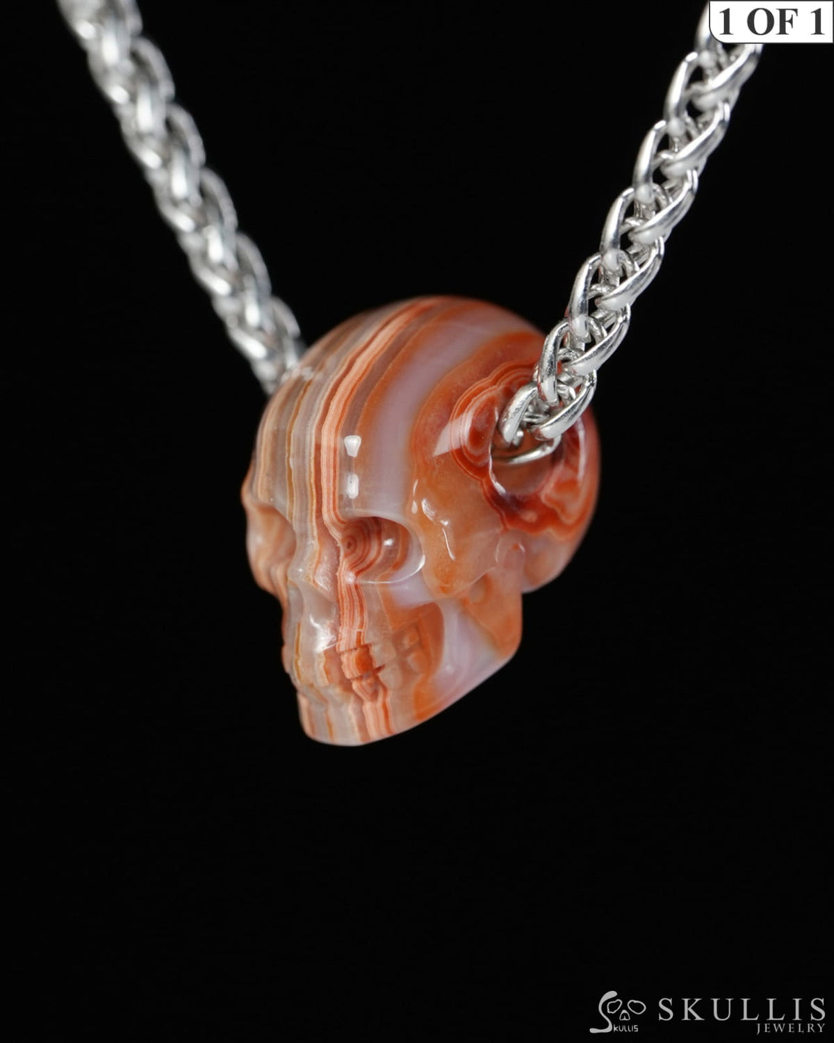 Minimalist Skull Pendant - 0.6’’ Red Crazy Lace Agate Gem Skull Pendant or Necklace Hand Carved for Women & Men