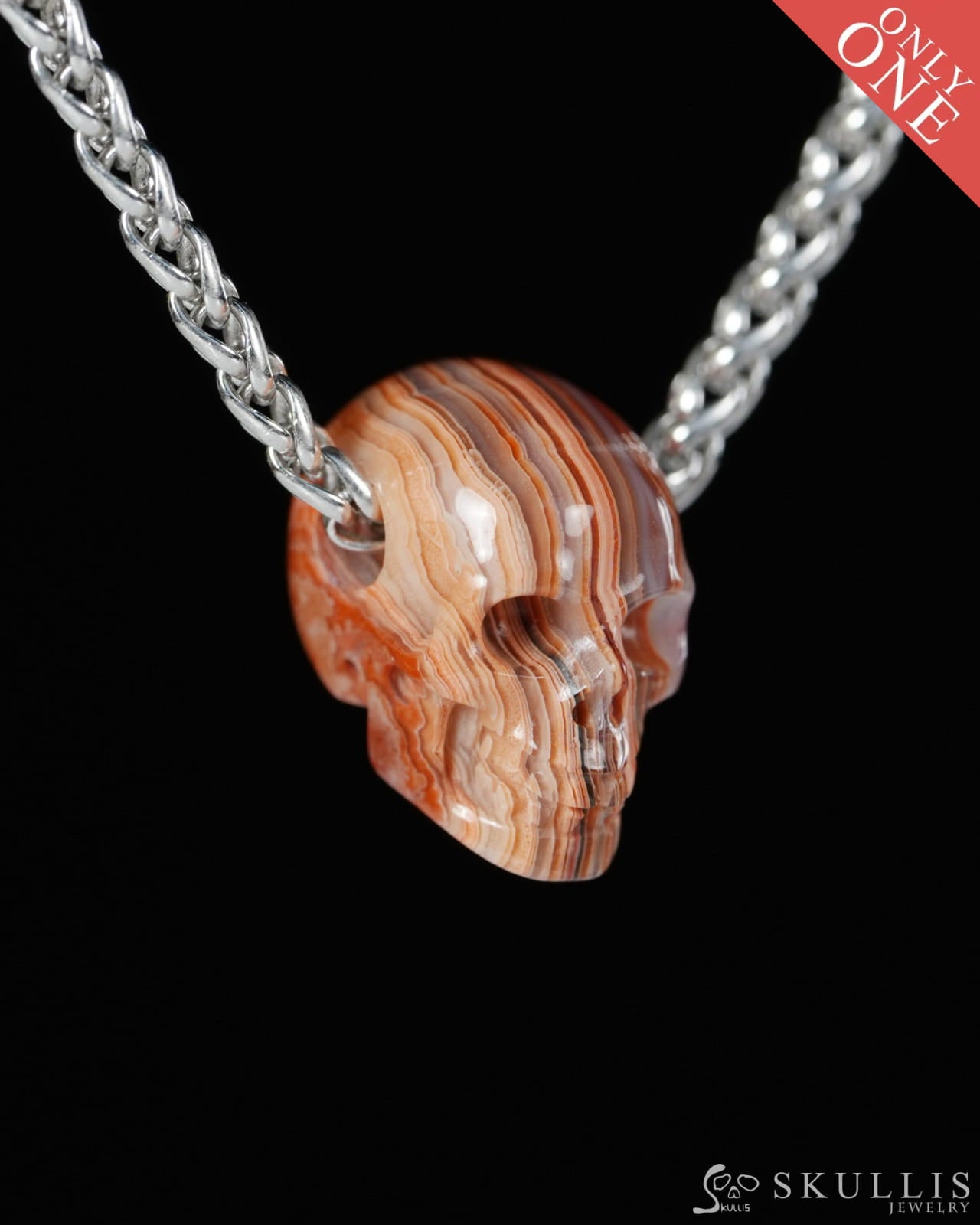 Minimalist Skull Pendant - 0.6’’ Red Crazy Lace Agate Gem Skull Pendant or Necklace Hand Carved for Women & Men