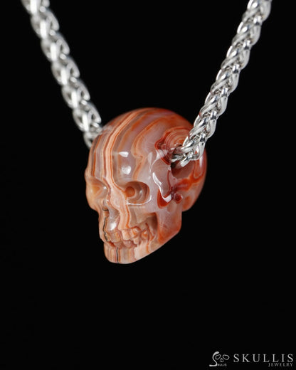 Minimalist Skull Pendant - 0.6’’ Red Crazy Lace Agate Gem Skull Pendant or Necklace Hand Carved for Women & Men