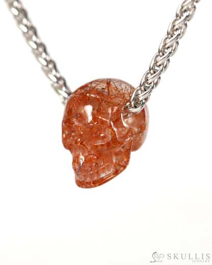 Minimalist Skull Pendant - 0.6’’ Rutilated Quartz Rock Crystal Gem Skull Pendant or Necklace Hand Carved for Women &