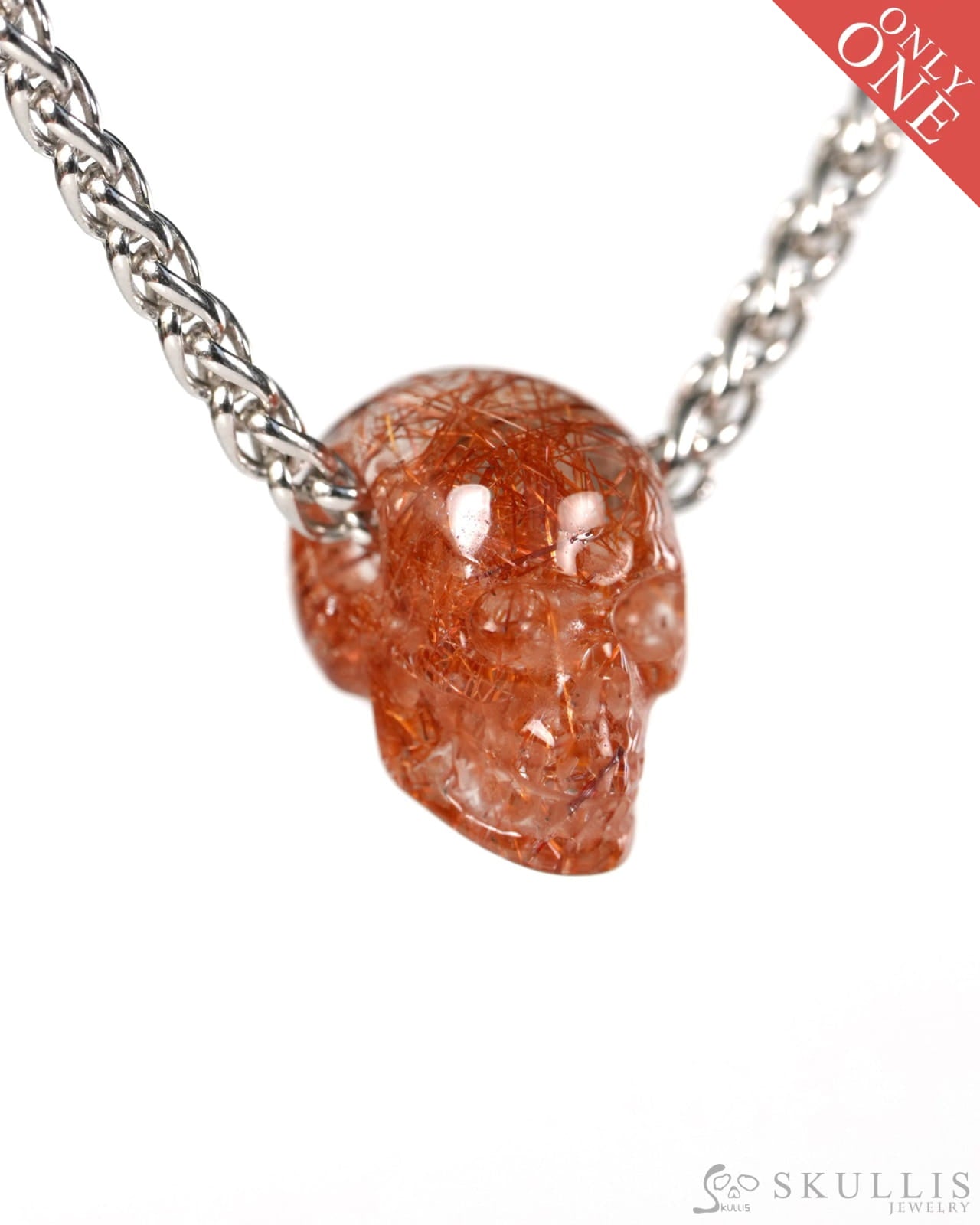 Minimalist Skull Pendant - 0.6’’ Rutilated Quartz Rock Crystal Gem Skull Pendant or Necklace Hand Carved for Women &