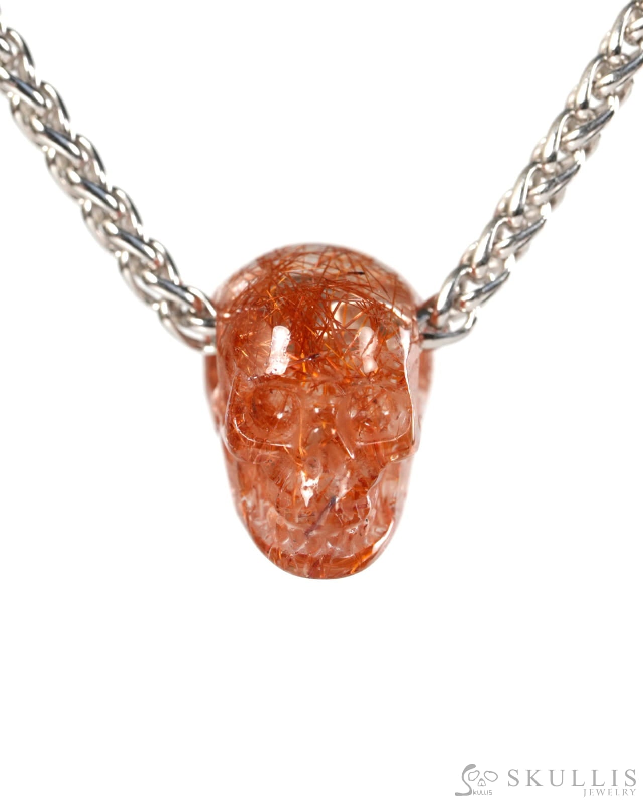 Minimalist Skull Pendant - 0.6’’ Rutilated Quartz Rock Crystal Gem Skull Pendant or Necklace Hand Carved for Women &