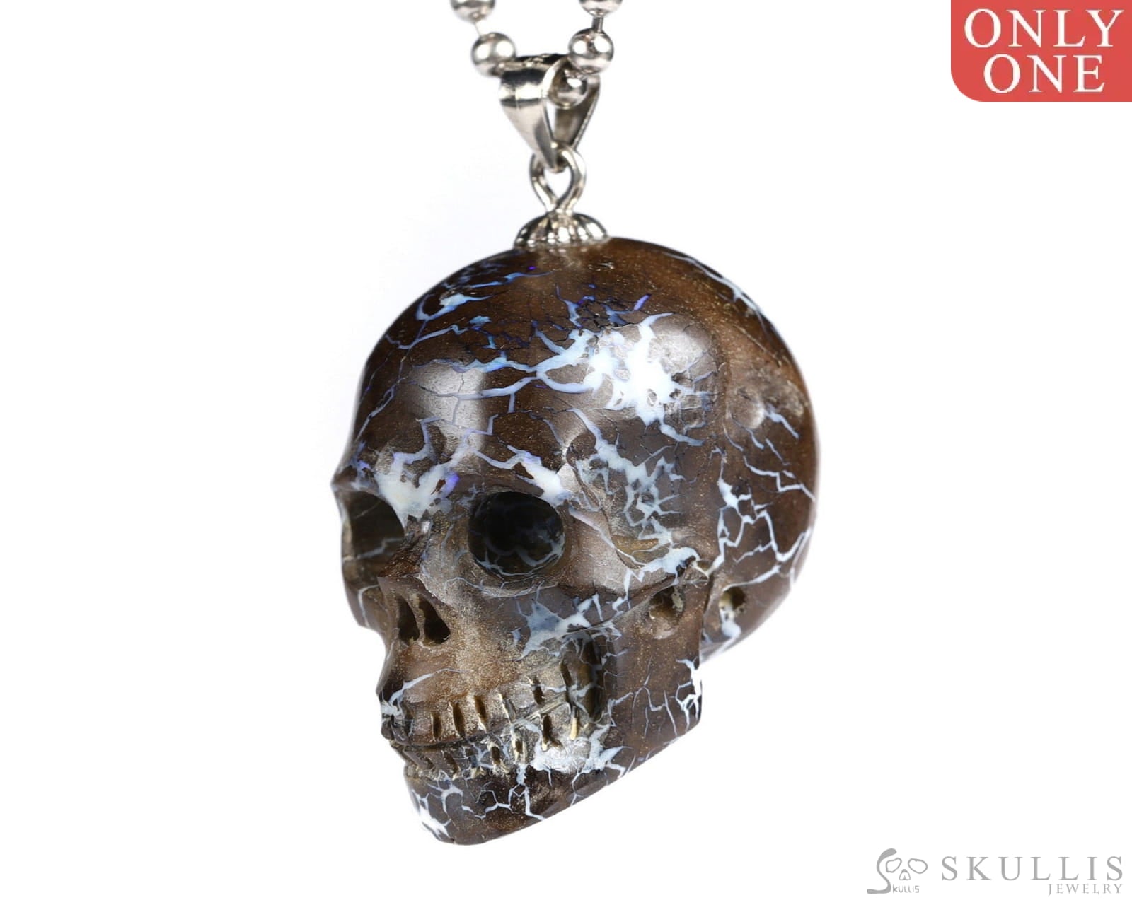 Gem Skull Pendant Necklace Of Matrix Opal Carved Skull With Bail In 925 Sterling Silver