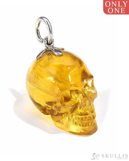 Gem Skull Pendant Necklace Of Orange Fluorite Crystal Carved Skull With Detachable Silver