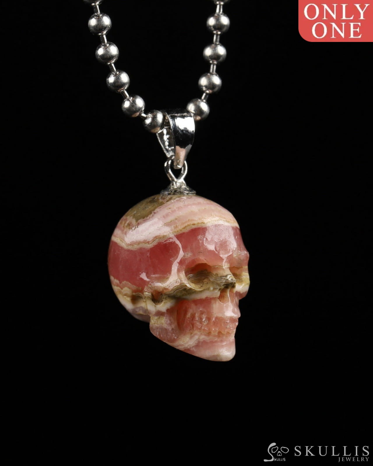 Gem Skull Pendant Necklace Of Rhodochrosite Carved Skull With Silver Bail In Sterling Skull Pendants