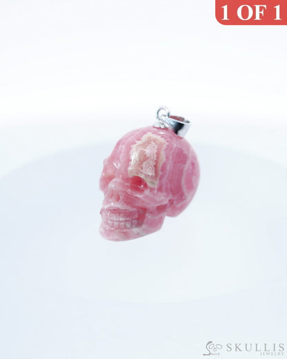 Gem Skull Pendant Necklace of Rhodochrosite Carved Skull with Silver Bail in Sterling Silver-0500044 Skull Pendants
