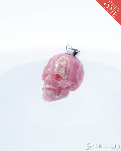 Gem Skull Pendant Necklace of Rhodochrosite Carved Skull with Silver Bail in Sterling Silver-0500044 Skull Pendants