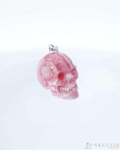Gem Skull Pendant Necklace of Rhodochrosite Carved Skull with Silver Bail in Sterling Silver-0500044 Skull Pendants