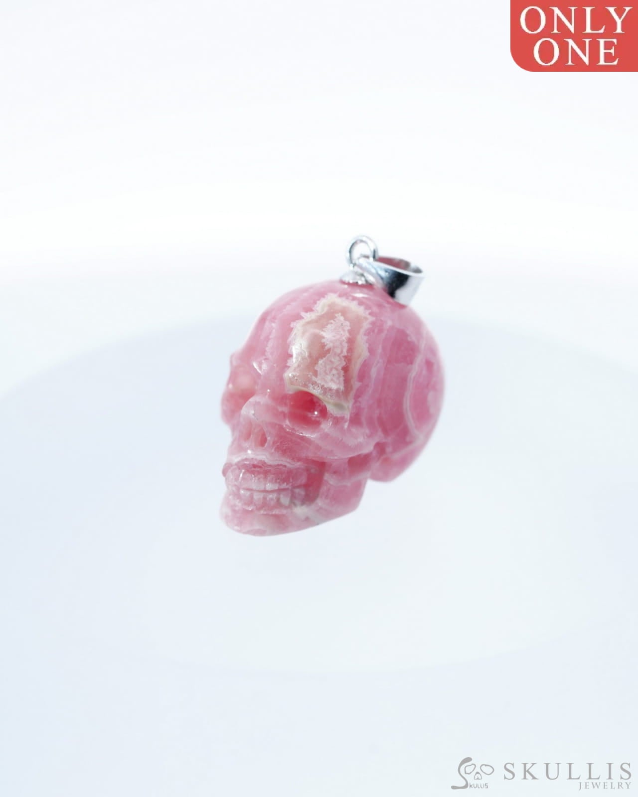 Gem Skull Pendant Necklace of Rhodochrosite Carved Skull with Silver Bail in Sterling Silver-0500044 Skull Pendants