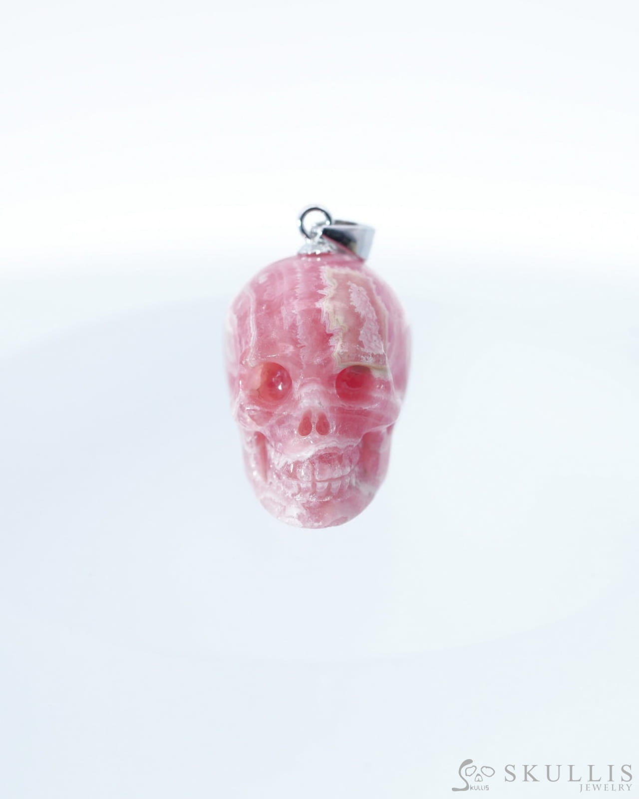 Gem Skull Pendant Necklace of Rhodochrosite Carved Skull with Silver Bail in Sterling Silver-0500044 Skull Pendants