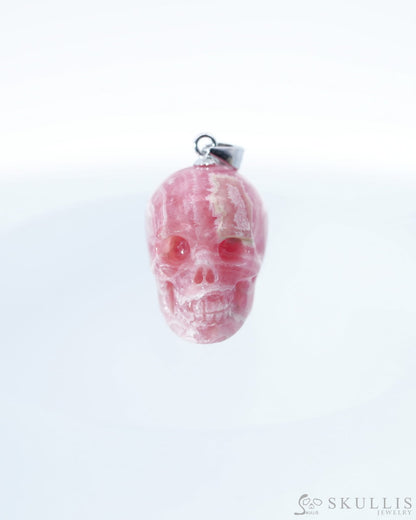 Gem Skull Pendant Necklace of Rhodochrosite Carved Skull with Silver Bail in Sterling Silver-0500044 Skull Pendants