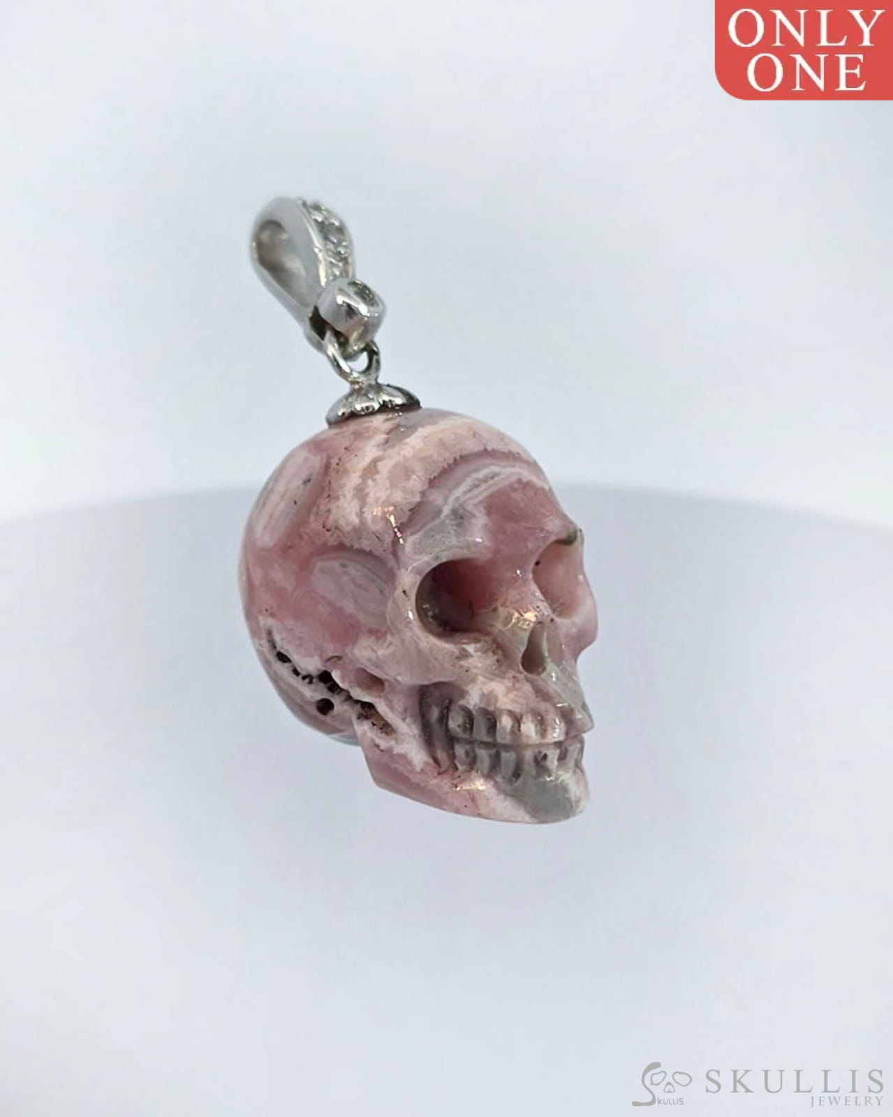 Gem Skull Pendant Necklace Of Rhodochrosite Carved Skull With Silver Bail In Sterling Skull Pendants