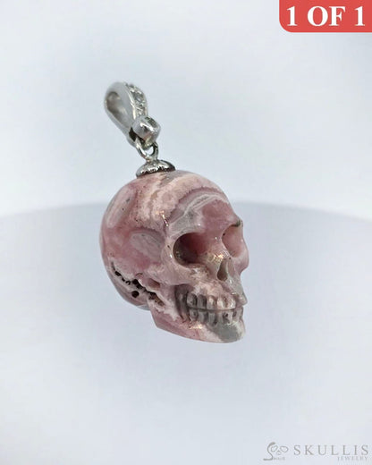 Gem Skull Pendant Necklace Of Rhodochrosite Carved Skull With Silver Bail In Sterling Skull Pendants