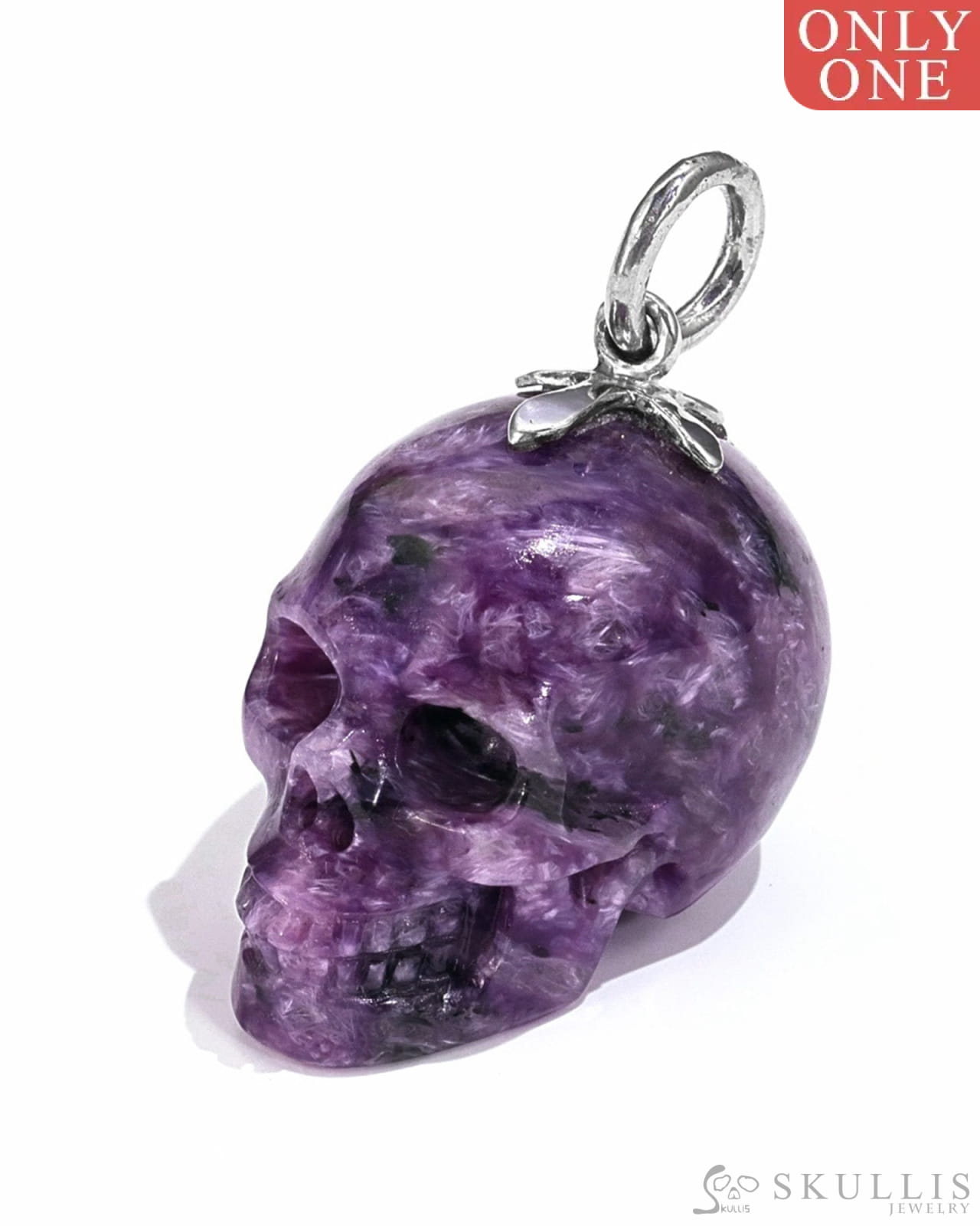 Gem Skull Pendant Necklace Of Russian Charoite Crystal Carved Skull With Detachable Silver
