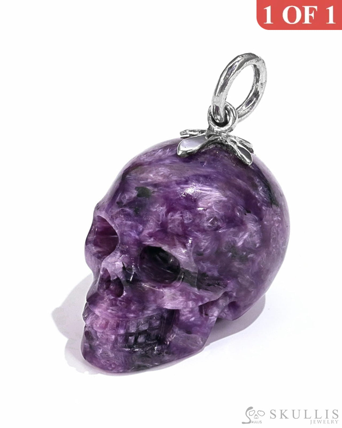 Gem Skull Pendant Necklace Of Russian Charoite Crystal Carved Skull With Detachable Silver