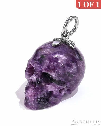 Gem Skull Pendant Necklace Of Russian Charoite Crystal Carved Skull With Detachable Silver