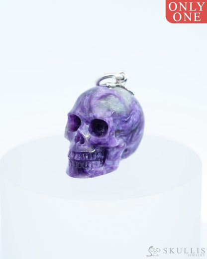 Skullis Signature Russian Charoite Gem Skull Pendant Or Necklace Hand Carved Sterling Silver 925
