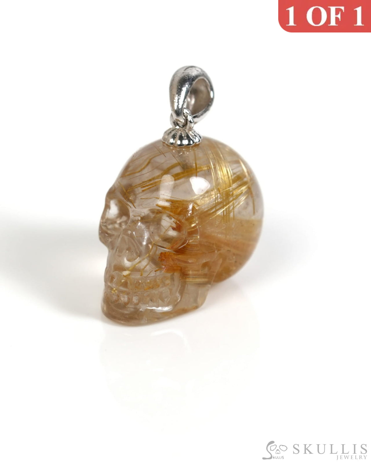 Gem Skull Pendant Necklace of Rutilated Quartz Rock Crystal Carved Skull with Sterling Silver Bail - ZR19900052 Skull