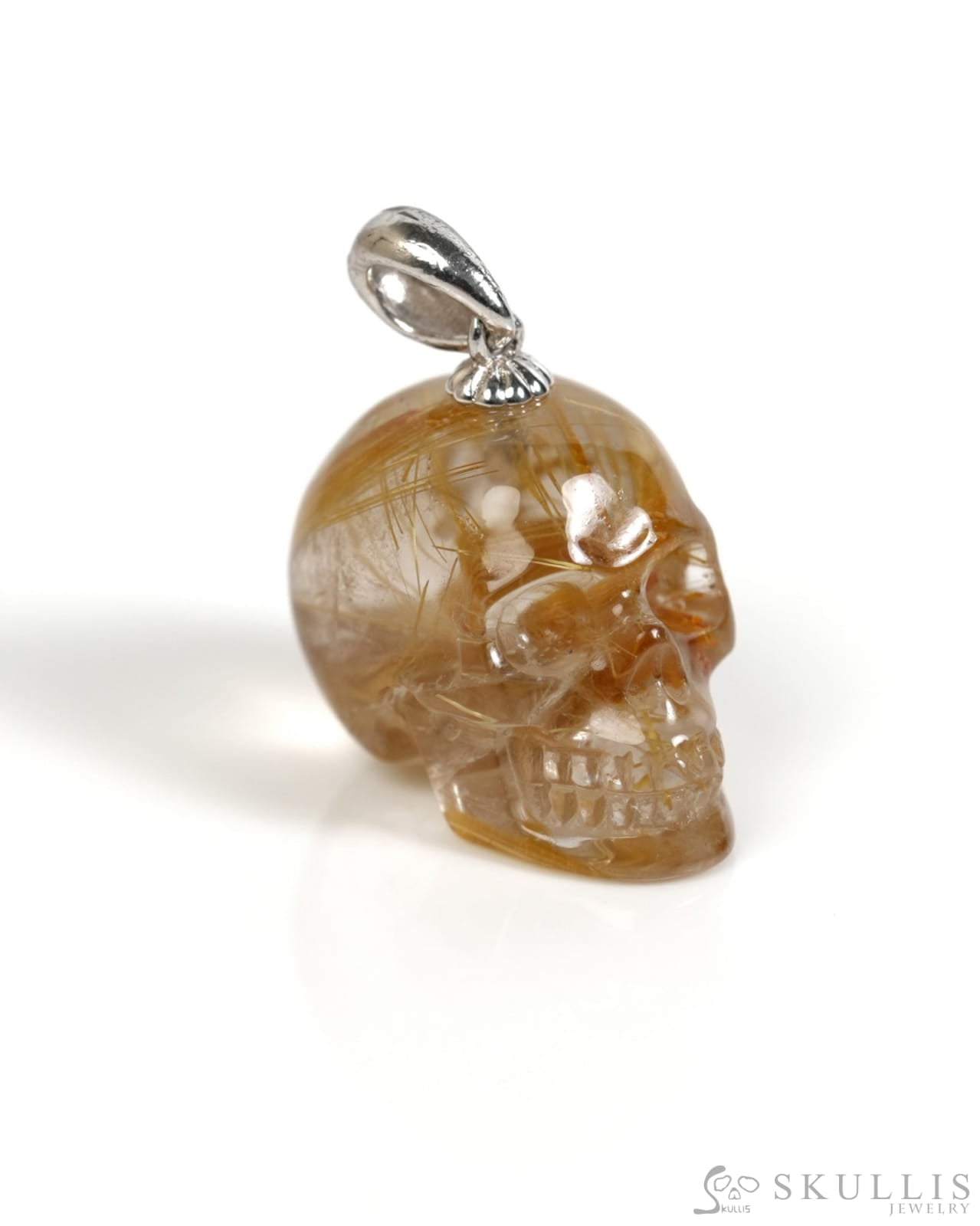 Gem Skull Pendant Necklace of Rutilated Quartz Rock Crystal Carved Skull with Sterling Silver Bail - ZR19900052 Skull