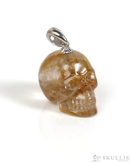 Gem Skull Pendant Necklace of Rutilated Quartz Rock Crystal Carved Skull with Sterling Silver Bail - ZR19900052 Skull