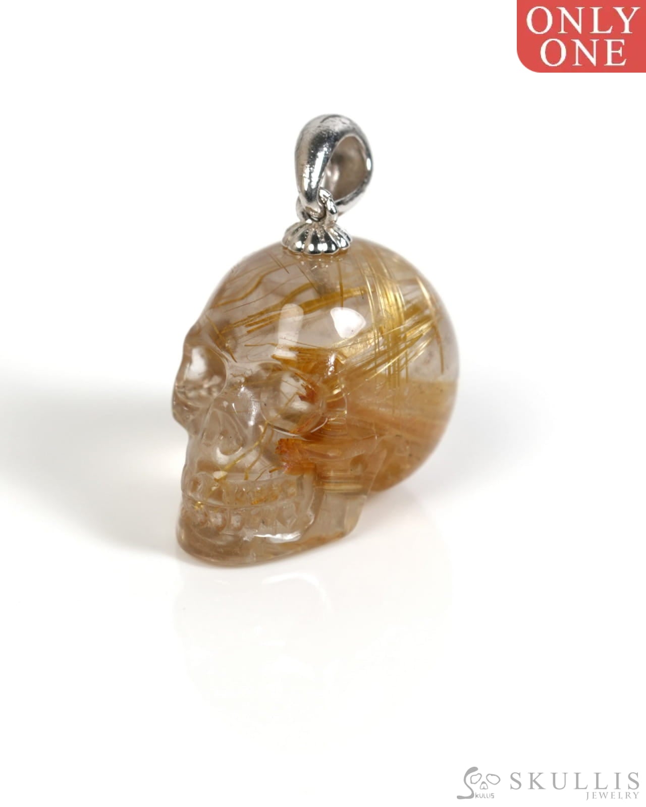 Gem Skull Pendant Necklace of Rutilated Quartz Rock Crystal Carved Skull with Sterling Silver Bail - ZR19900052 Skull