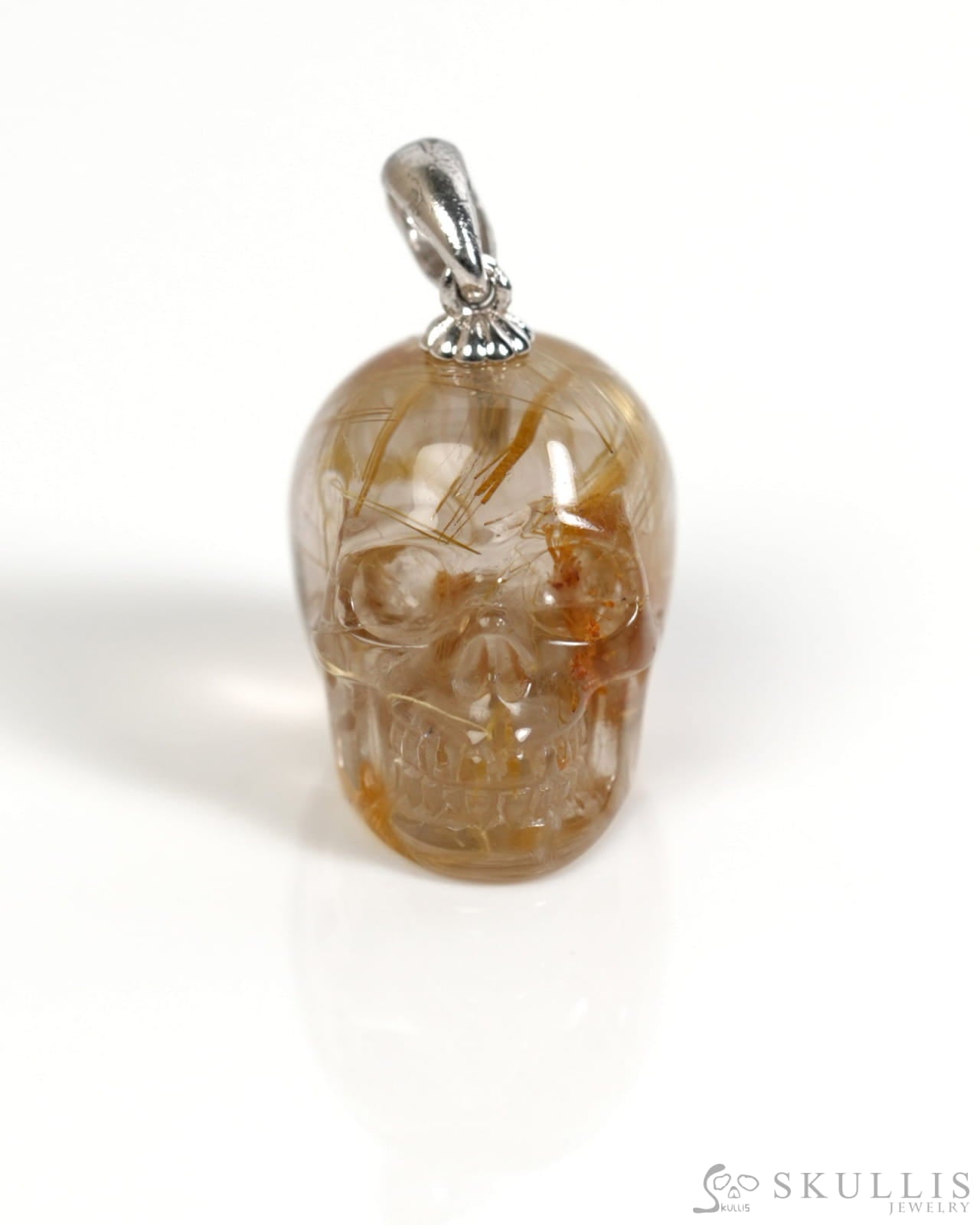 Gem Skull Pendant Necklace of Rutilated Quartz Rock Crystal Carved Skull with Sterling Silver Bail - ZR19900052 Skull